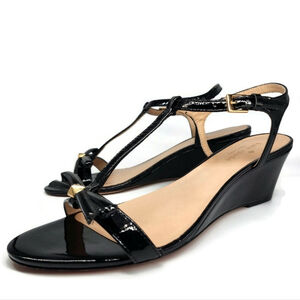 Kate Spade Black Patent Leather Single Bow Top T-Strap Low Wedge Heel Sandals